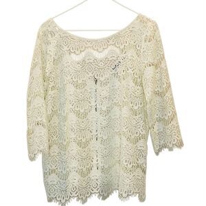 Zara TRF Collection Sheer Lace Back Zip Quarter Sleeve Blouse Ivory Large